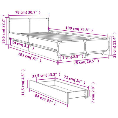 vidaXL Bed Frame with Drawers without Mattress Brown Oak 75x190 cm Small Single