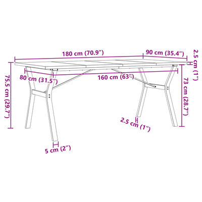 vidaXL Dining Table Y-Frame 180x90x75.5 cm Solid Wood Pine and Cast Iron