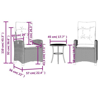 vidaXL 3 Piece Bistro Set with Cushions Black Poly Rattan