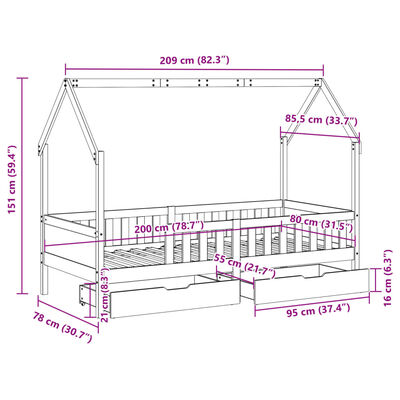 vidaXL Kids Bed Frame with Drawers without Mattress 80x200 cm Solid Wood