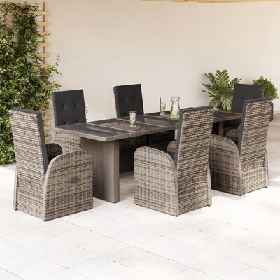 vidaXL 7 Piece Garden Dining Set with Cushions Grey Poly Rattan