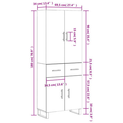 vidaXL Highboard Brown Oak 69.5x34x180 cm Engineered Wood