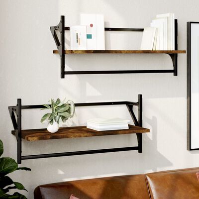 vidaXL Wall Shelves with Bars 2 pcs Smoked Oak 65x25x30 cm