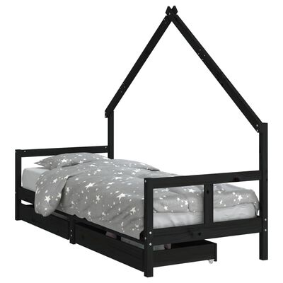 vidaXL Kids Bed Frame with Drawers Black 80x200 cm Solid Wood Pine