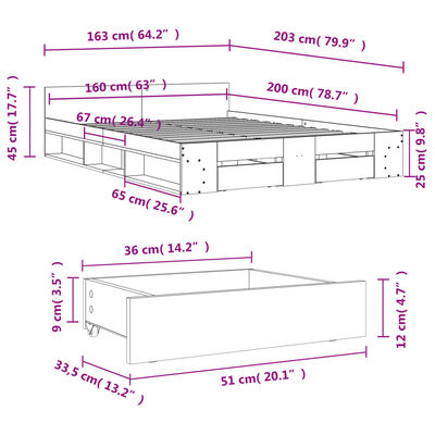 vidaXL Bed Frame with Drawers without Mattress Grey Sonoma 160x200 cm