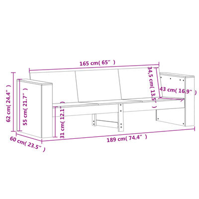 vidaXL Garden Sofa 3-Seater 189x60x62 cm Solid Wood Pine