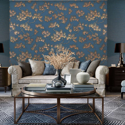 DUTCH WALLCOVERINGS Wallpaper Pine Tree Gold and Blue