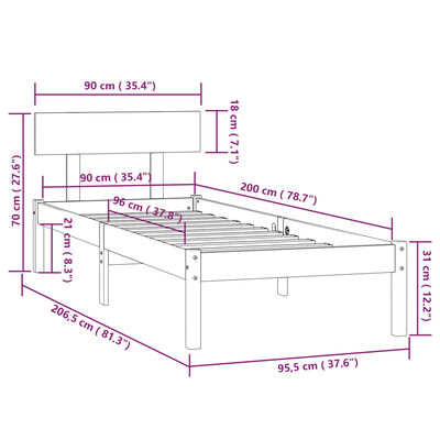 vidaXL Bed Frame without Mattress Honey Brown Solid Wood 90x200 cm