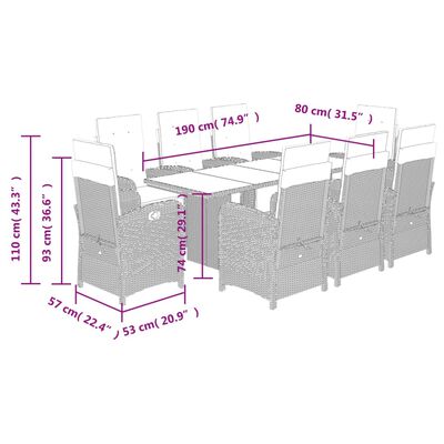 vidaXL 9 Piece Garden Dining Set with Cushions Grey Poly Rattan