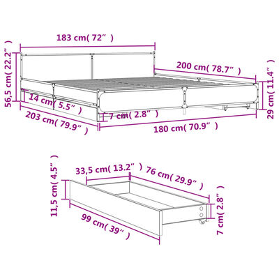 vidaXL Bed Frame with Drawers without Mattress Grey Sonoma 180x200 cm Super King