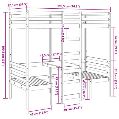 vidaXL Loft Bed Frame with Desk and Chairs Wax Brown 75x190cm Solid Wood Pine