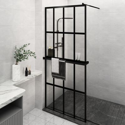 vidaXL Walk-in Shower Wall with Shelf Black 90x195 cm ESG Glass&Aluminium