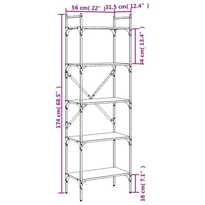 vidaXL Bookcase 5-Tier Brown Oak 56x31.5x174 cm Engineered Wood