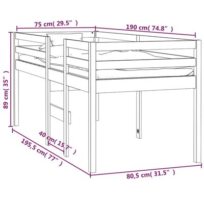 vidaXL High Sleeper Bed without Mattress White 75x190 cm Small Single Solid Wood Pine