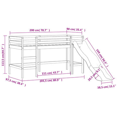 vidaXL Kids' Loft Bed without Mattress with Slide 90x200 cm