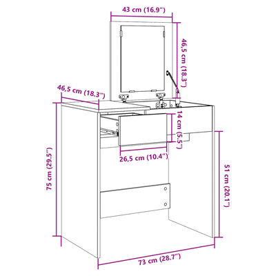 vidaXL Dressing Table with Mirror Brown Oak 73x46.5x120 cm