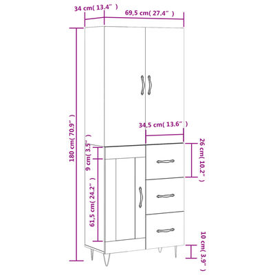 vidaXL Highboard Brown Oak 69.5x34x180 cm Engineered Wood