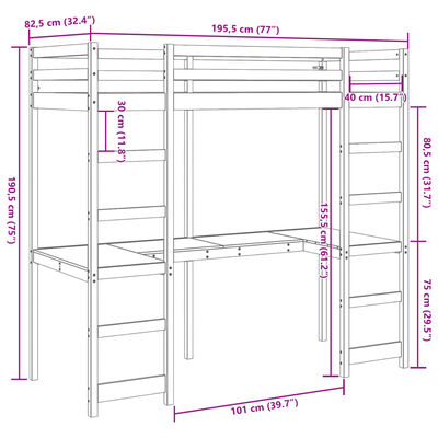 vidaXL Loft Bed Frame without Mattress Wax Brown 75x190 cm Small Single Solid Wood Pine