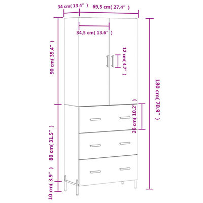 vidaXL Highboard Brown Oak 69.5x34x180 cm Engineered Wood