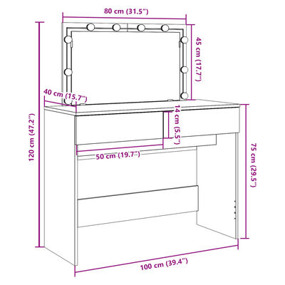 vidaXL Dressing Table with LED Brown Oak 100x40x120 cm