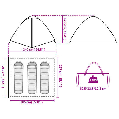 vidaXL Camping Tent Dome 3-Person Orange Waterproof