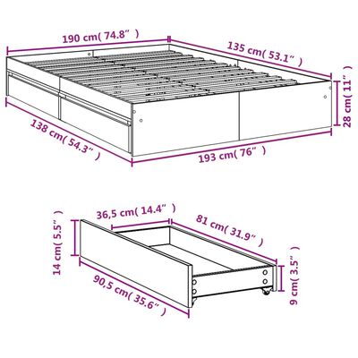 vidaXL Bed Frame with Drawers without Mattress Black 135x190 cm Double