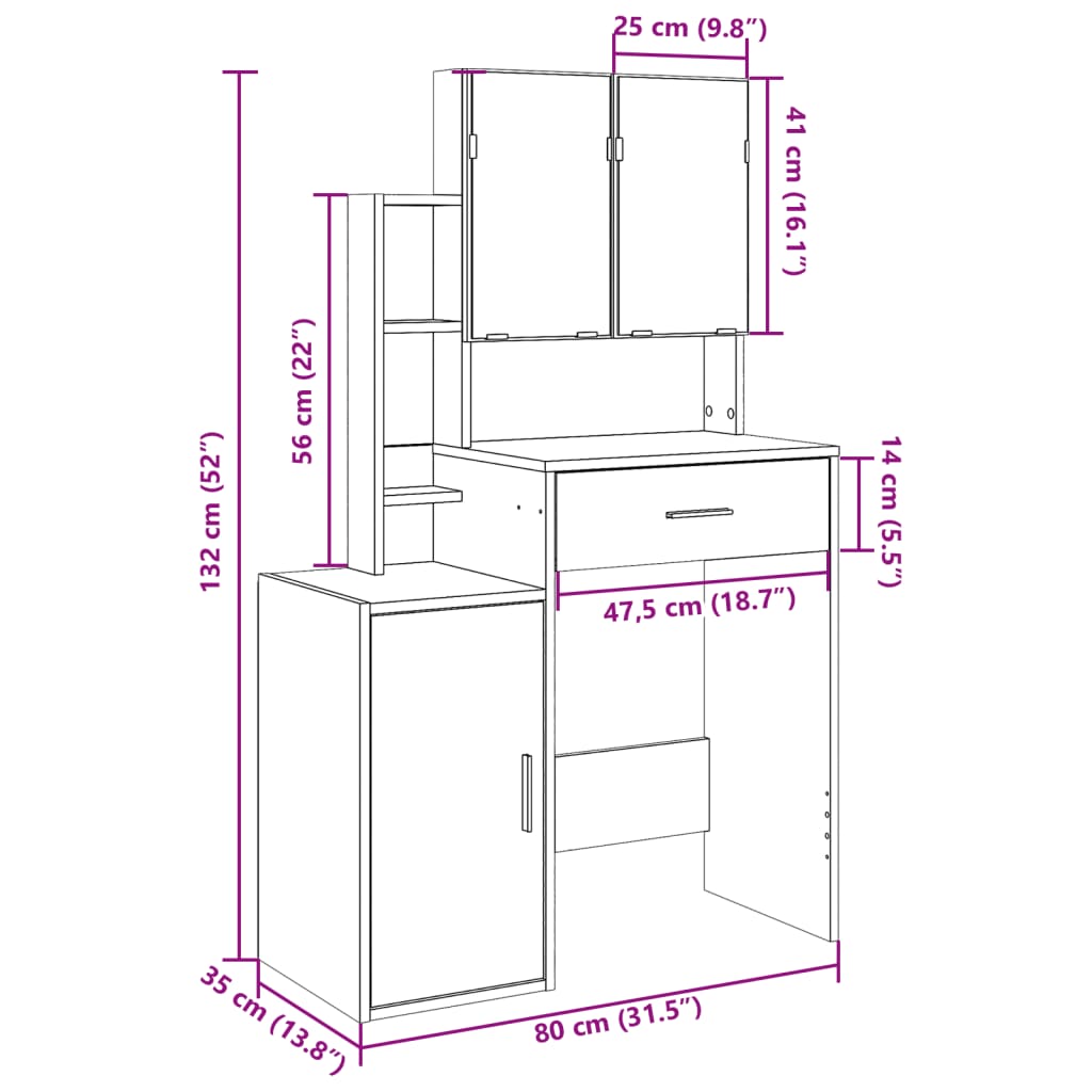 vidaXL Dressing Table with Cabinet Sonoma Oak 80x35x132 cm