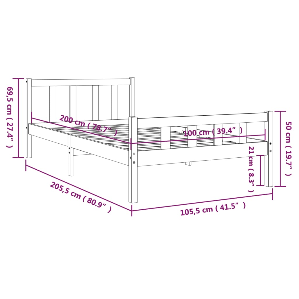 vidaXL Bed Frame without Mattress Black Solid Wood 100x200 cm