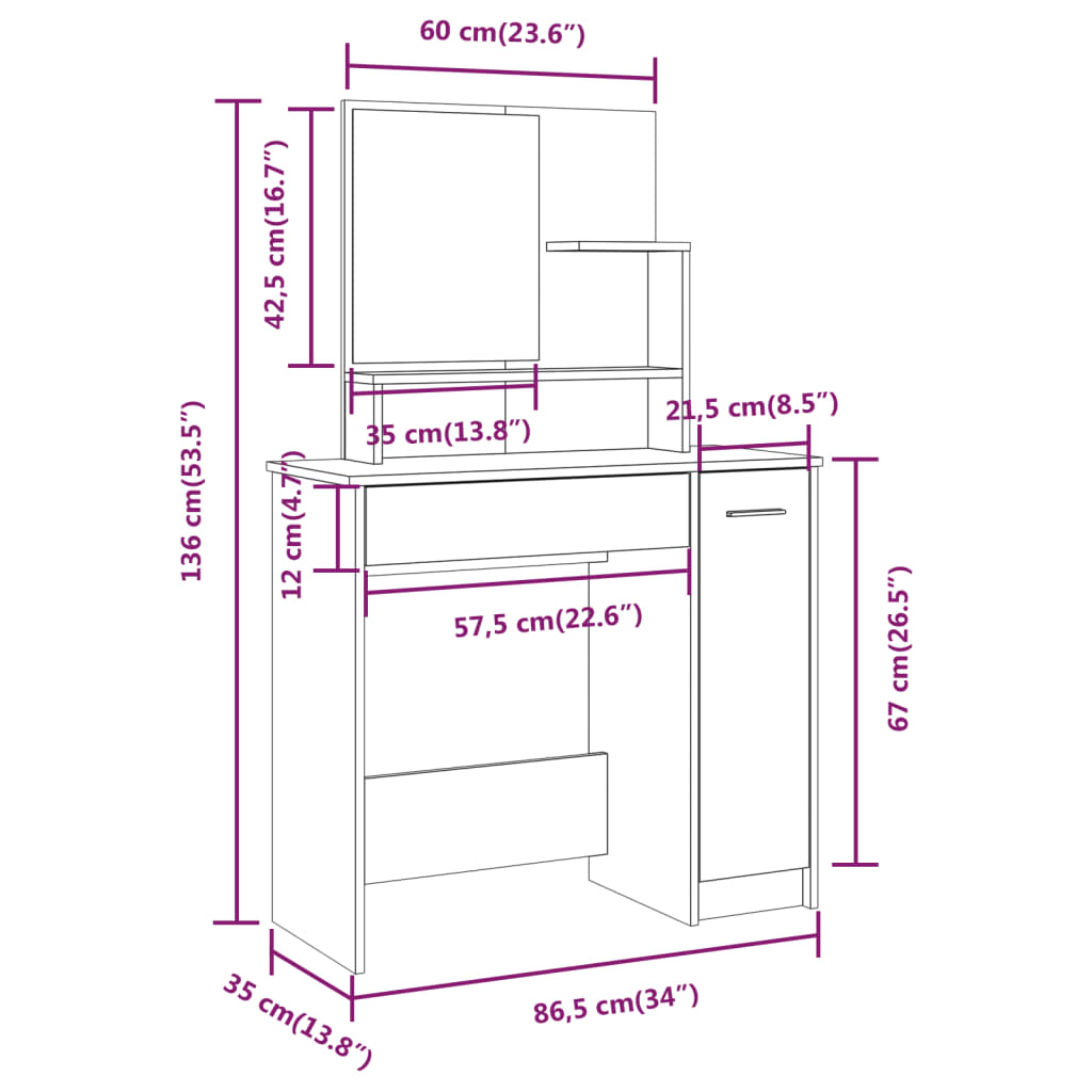 vidaXL Dressing Table Set Smoked Oak 86.5x35x136 cm