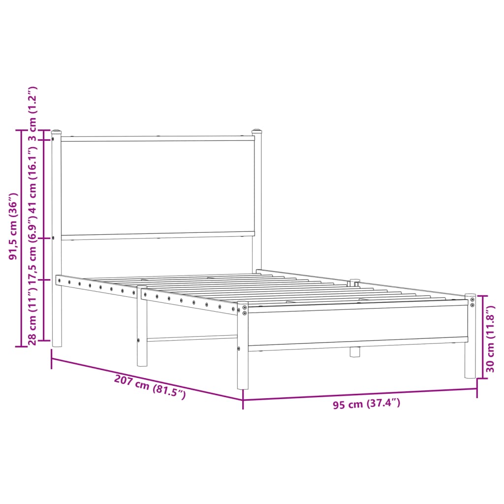 vidaXL Metal Bed Frame without Mattress Brown Oak 90x200 cm