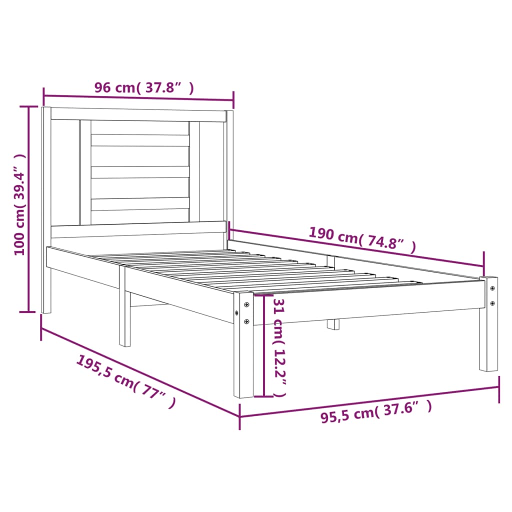 vidaXL Bed Frame without Mattress White 90x190 cm Single Solid Wood Pine