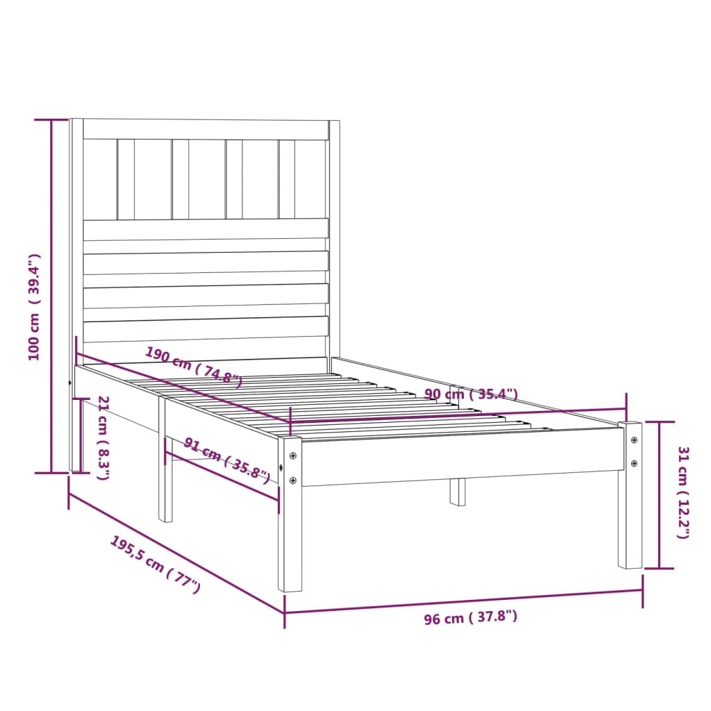 vidaXL Bed Frame without Mattress White 90x190 cm Single Solid Wood Pine