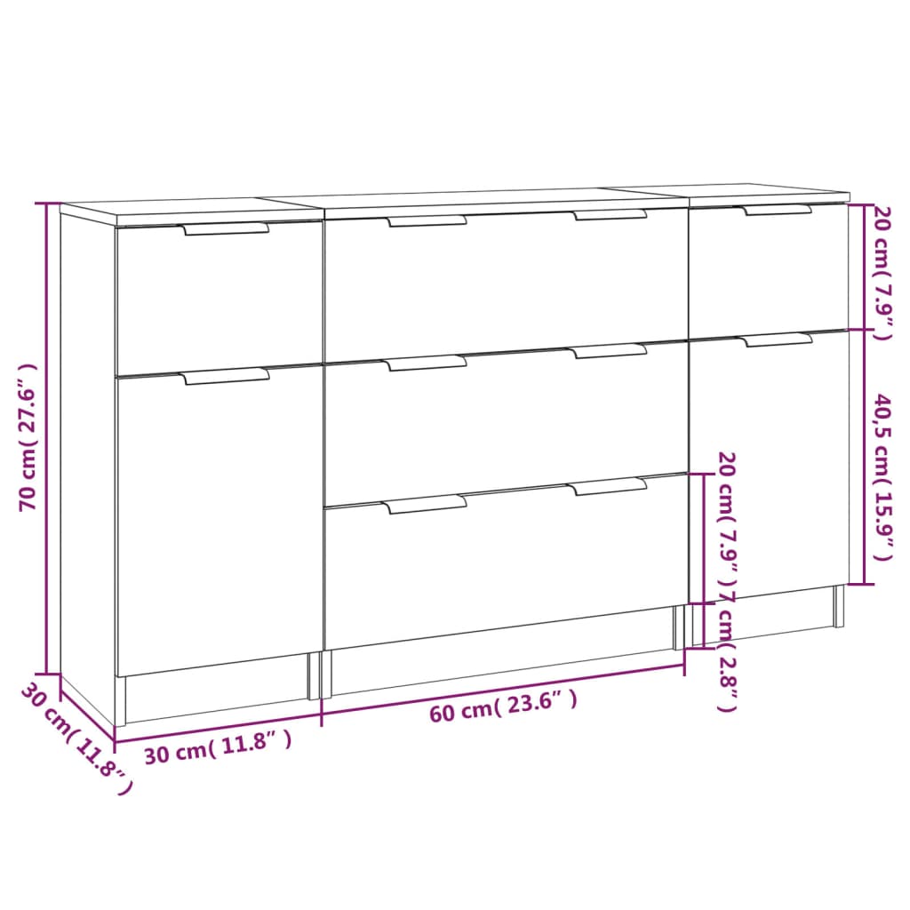 vidaXL 3 Piece Sideboard Set Black Engineered Wood