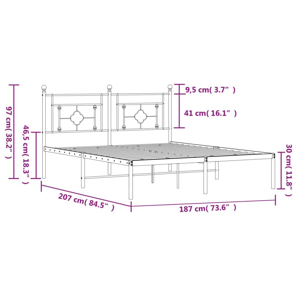 vidaXL Metal Bed Frame without Mattress with Headboard Black 180x200 cm Super King