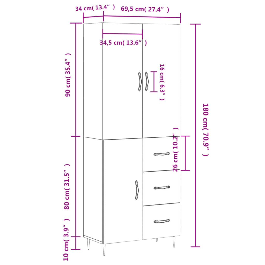 vidaXL Highboard Brown Oak 69.5x34x180 cm Engineered Wood