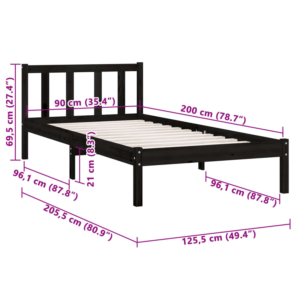 vidaXL Bed Frame without Mattress Black Solid Wood 90x200 cm