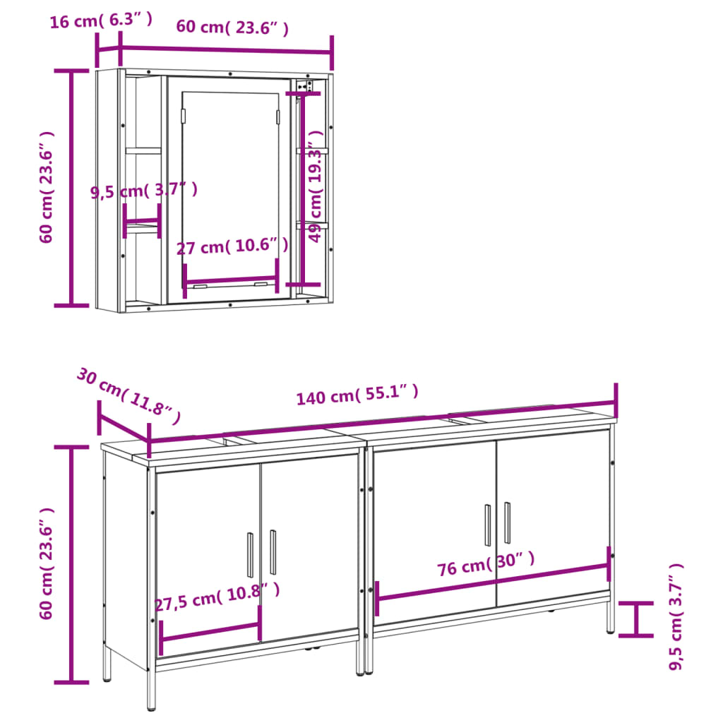 vidaXL 3 Piece Bathroom Cabinet Set Brown Oak Engineered Wood