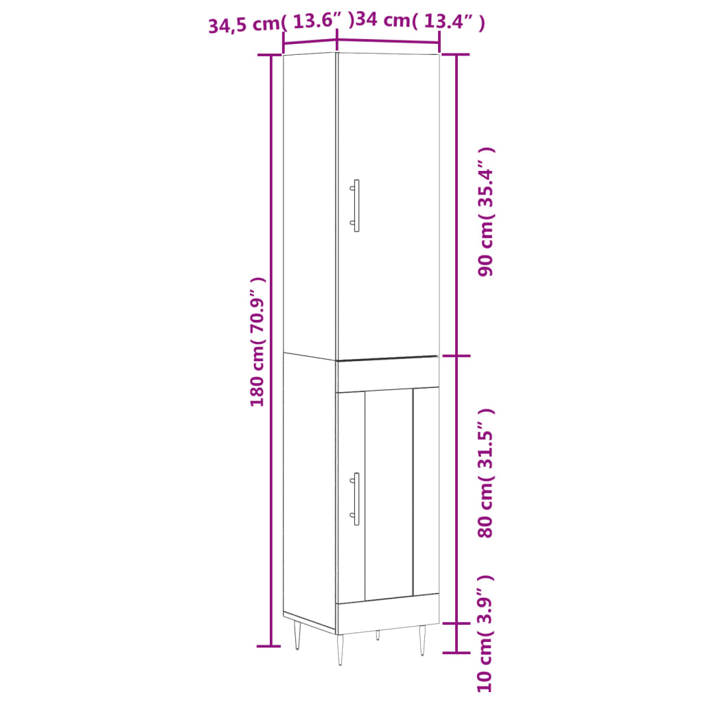 vidaXL Highboard Concrete Grey 34.5x34x180 cm Engineered Wood