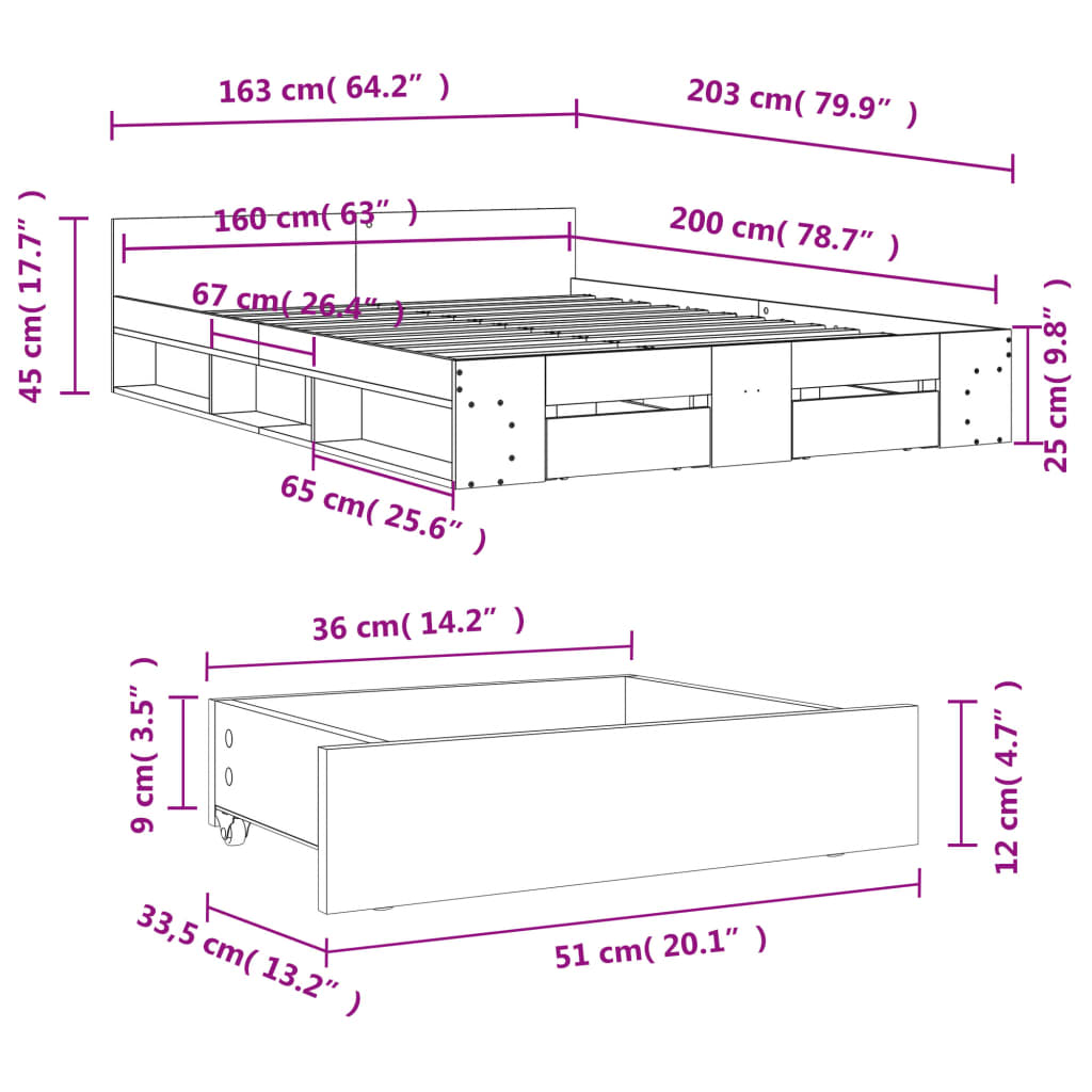 vidaXL Bed Frame with Drawers without Mattress White 160x200 cm