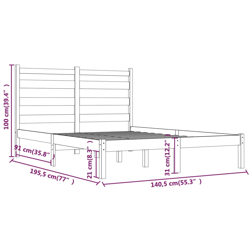 vidaXL Bed Frame without Mattress Black Solid Wood Pine Double