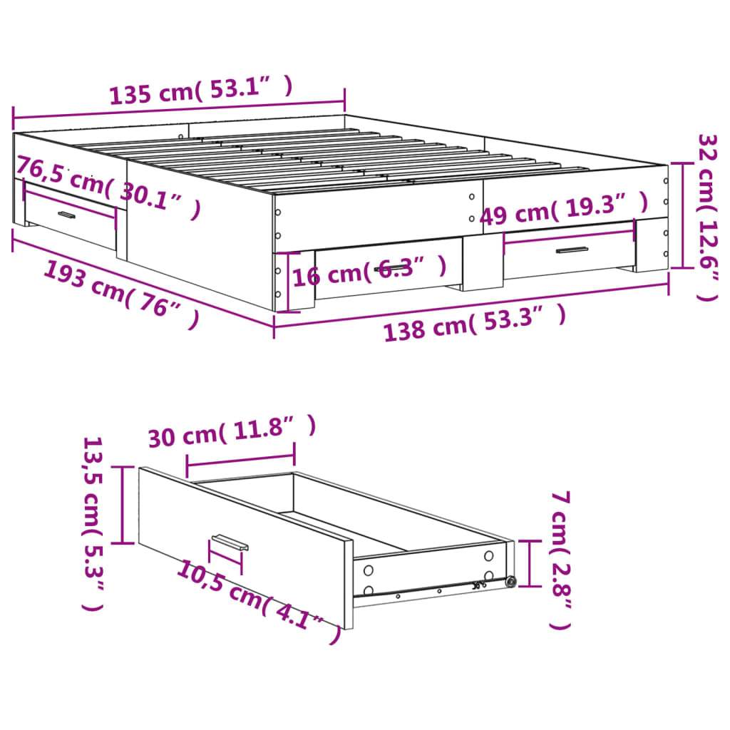 vidaXL Bed Frame with Drawers without Mattress Black 135x190 cm Double