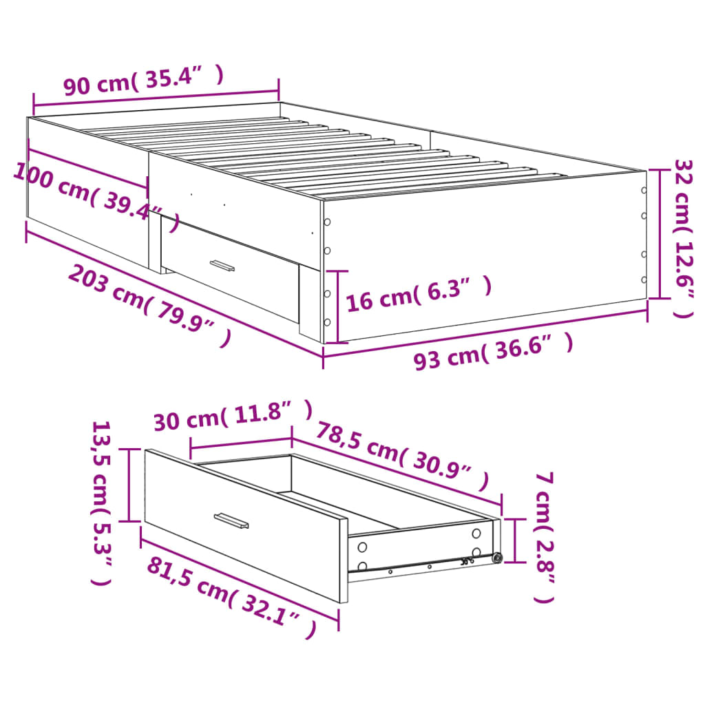 vidaXL Bed Frame with Drawers without Mattress Sonoma Oak 90x200 cm