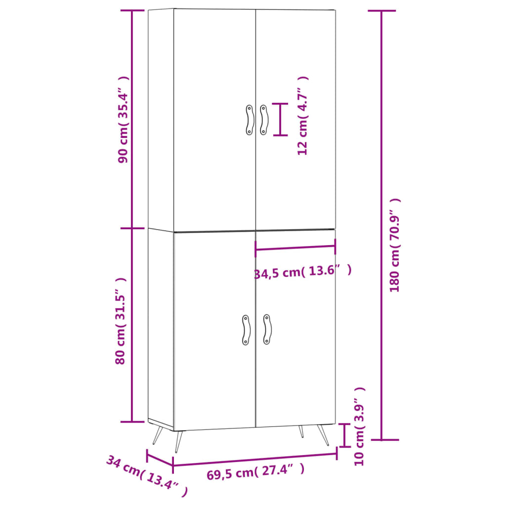 vidaXL Highboard Concrete Grey 69.5x34x180 cm Engineered Wood