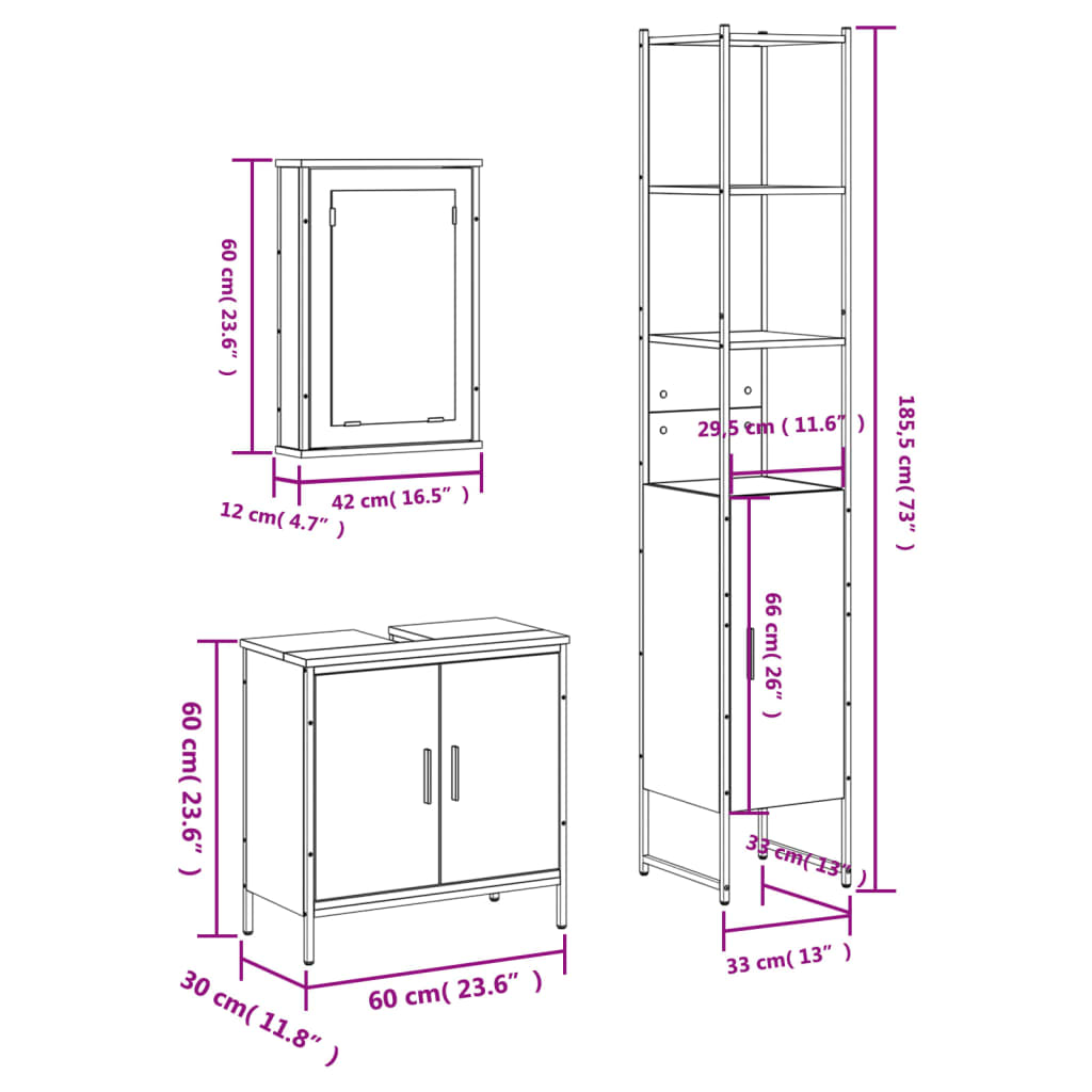 vidaXL 3 Piece Bathroom Furniture Set Grey Sonoma Engineered Wood