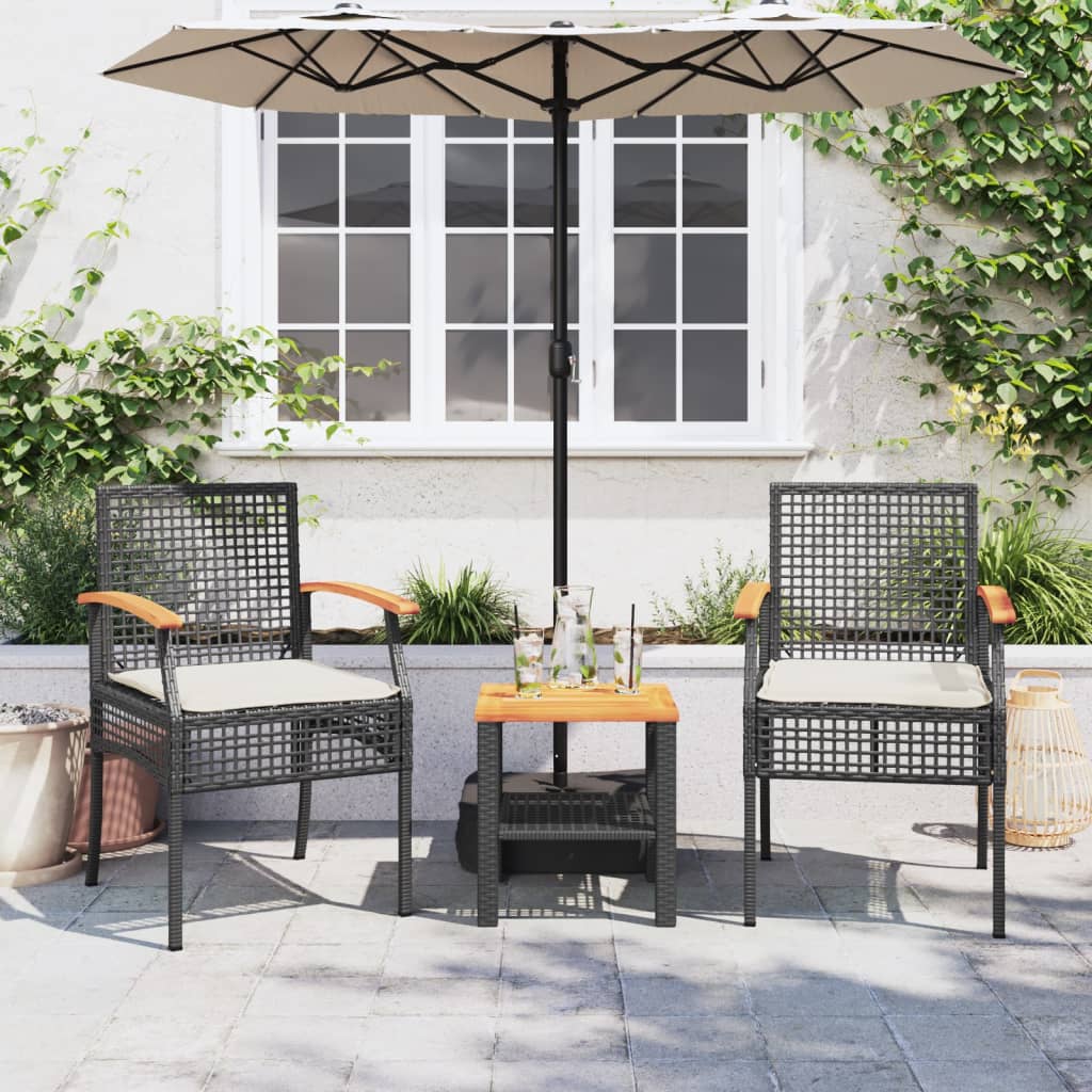 vidaXL 3 Piece Bistro Set with Cushions Black Poly Rattan Acacia Wood