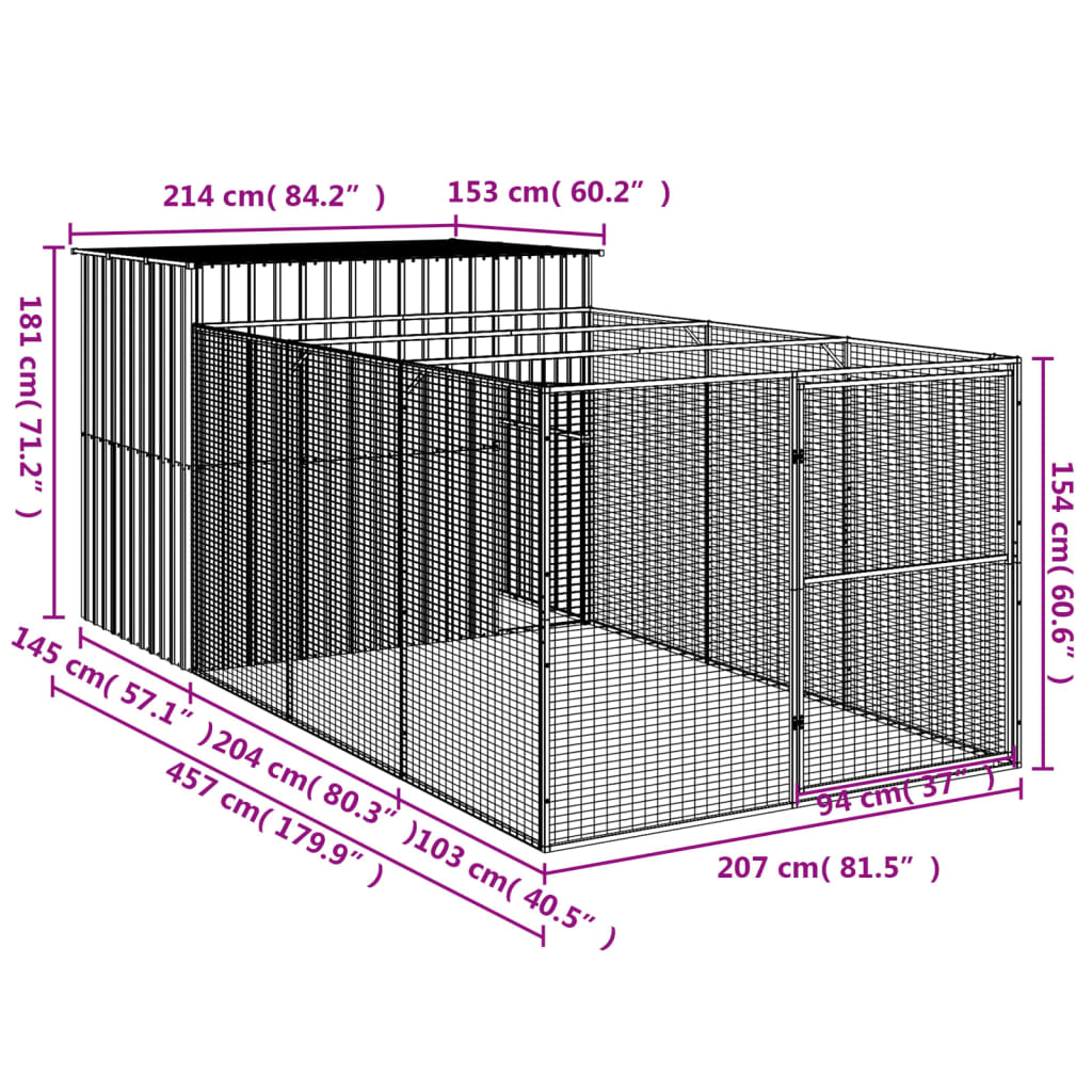 vidaXL Dog House with Run Light Grey 214x457x181 cm Galvanised Steel