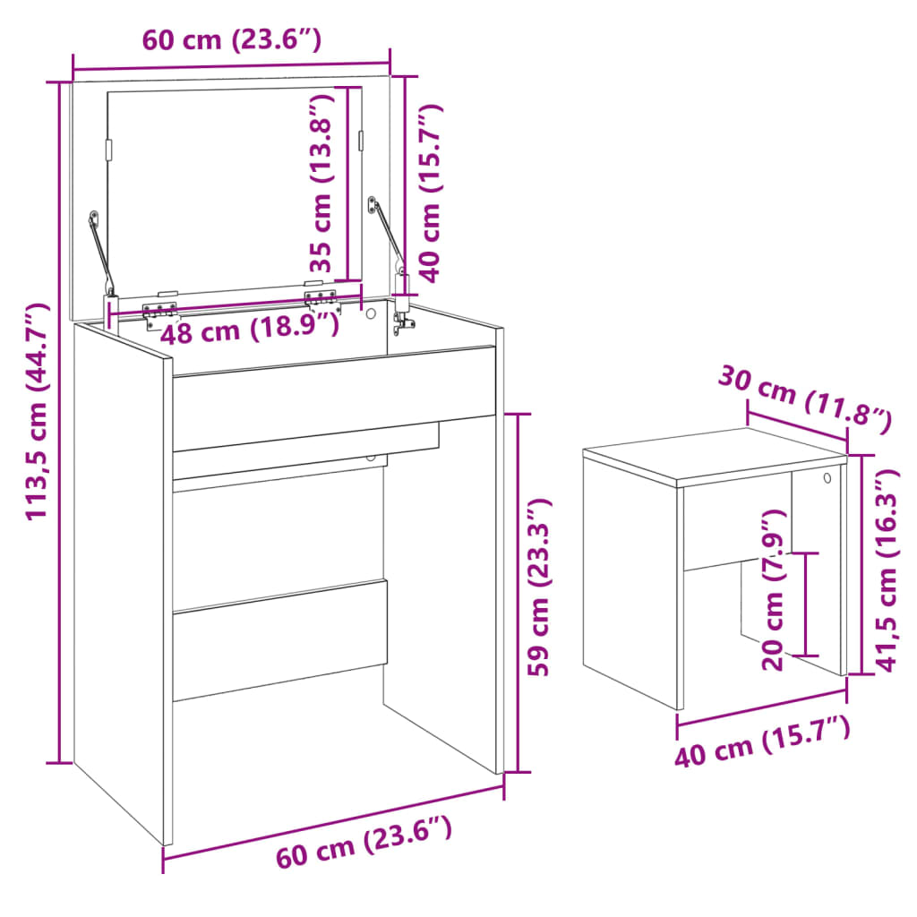 vidaXL Dressing Table and Stool Concrete Grey 60x40x113.5 cm