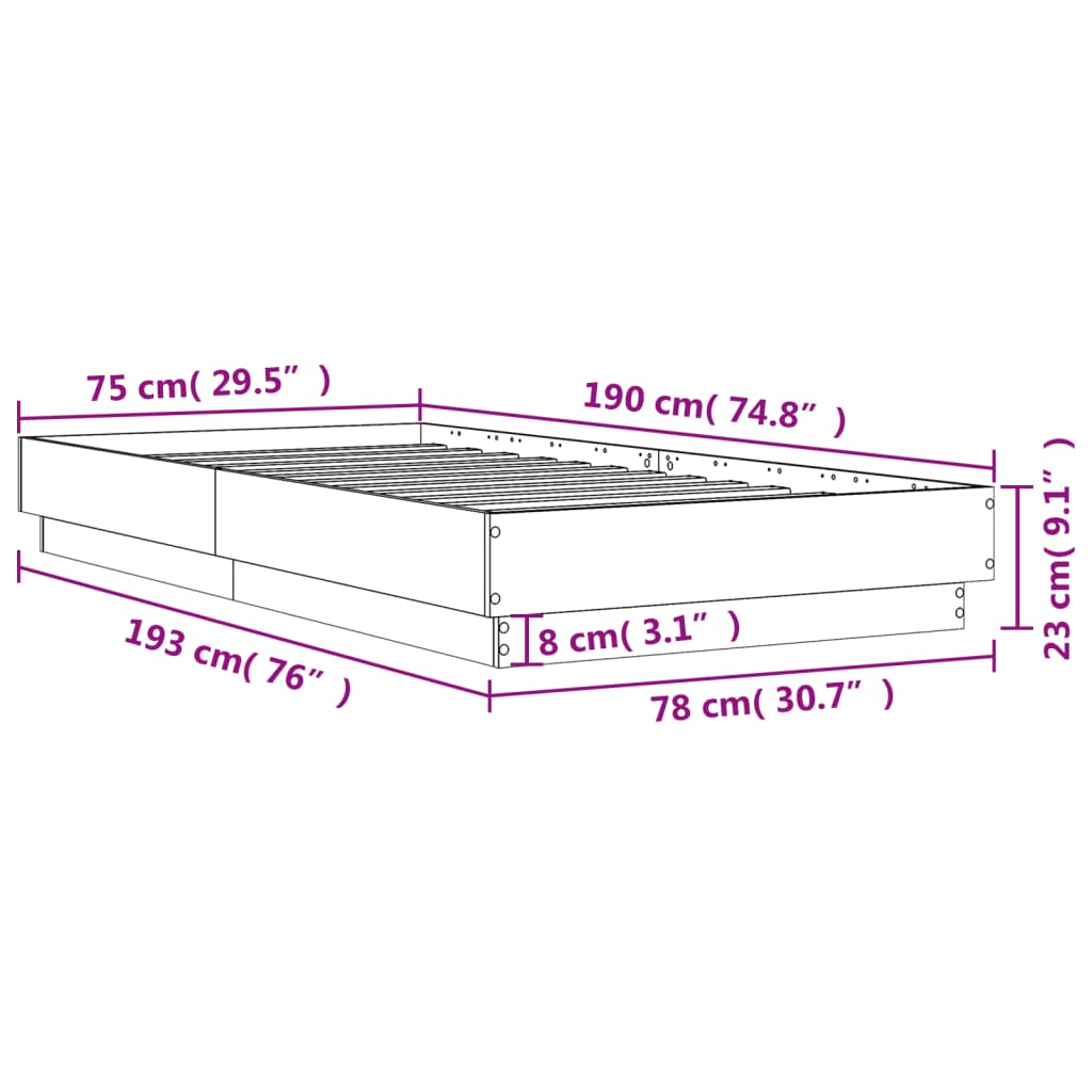 vidaXL Bed Frame without Mattress Brown Oak 75x190 cm Small Single Engineered Wood