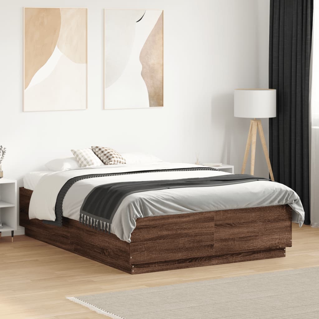 vidaXL Bed Frame with LED without Mattress Brown Oak 135x190 cm Double