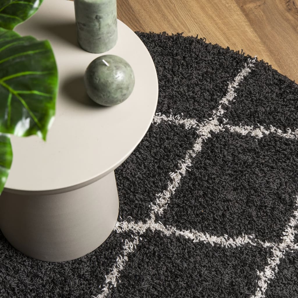 vidaXL Shaggy Rug PAMPLONA High Pile Modern Black and Cream Ø 80 cm